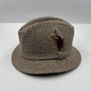 Vintage Botany 500 Houndstooth Wool Fedora Hat Feather Detail Sherlock Holmes